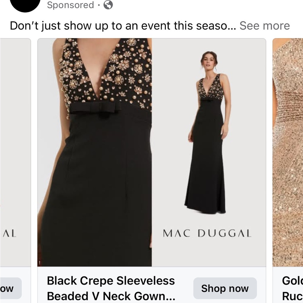 Mac Duggal Black Sleeveless Beaded V-Neck Evening Gown with Gold Embellishments